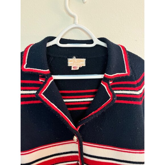 Vintage Lambswool Cardigan Sweater Hand Loomed Striped Navy Red White Sz M - Picture 4 of 7